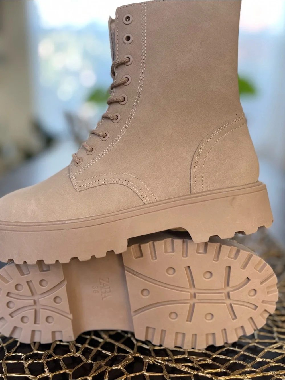 Zara Girls Suede-Like Lace-Up Platform Ankle Boots - Beige